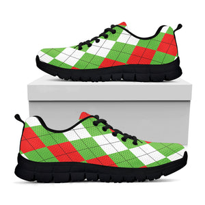 Red Green And White Argyle Pattern Print Black Running Shoes