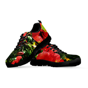 Red Hibiscus Flowers Print Black Running Shoes