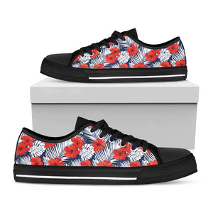 Red Hibiscus Tropical Pattern Print Black Low Top Sneakers