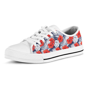 Red Hibiscus Tropical Pattern Print White Low Top Sneakers