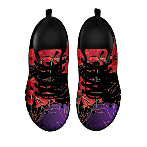 Red Japanese Amaryllis Pattern Print Black Running Shoes