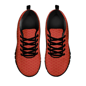 Red Japanese Wave Pattern Print Black Running Shoes