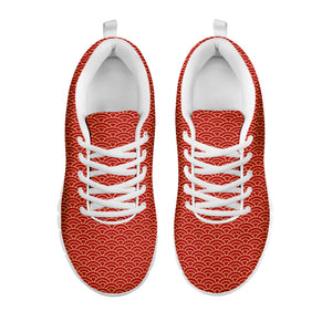 Red Japanese Wave Pattern Print White Running Shoes