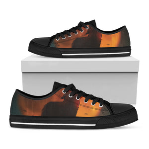 Red Moon Howling Wolf Print Black Low Top Sneakers