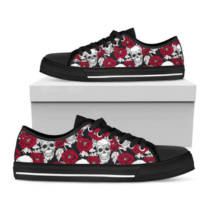 Red Peony Skull Pattern Print Black Low Top Sneakers