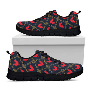 Red Rooster Pattern Print Black Running Shoes