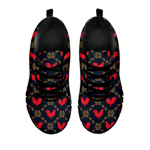 Red Rooster Pattern Print Black Running Shoes
