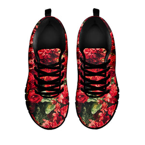 Red Rose Flower Print Black Running Shoes