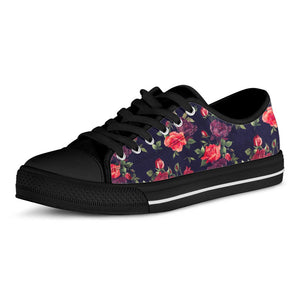 Red Violet Roses Floral Pattern Print Black Low Top Sneakers