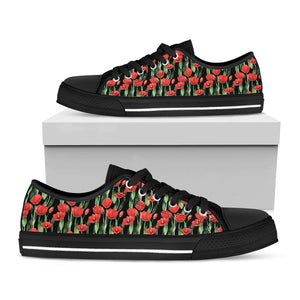 Red Watercolor Tulip Pattern Print Black Low Top Sneakers