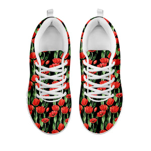 Red Watercolor Tulip Pattern Print White Running Shoes