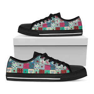 Retro Nautical Patchwork Pattern Print Black Low Top Sneakers