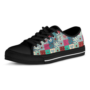 Retro Nautical Patchwork Pattern Print Black Low Top Sneakers