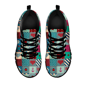Retro Nautical Patchwork Pattern Print Black Running Shoes