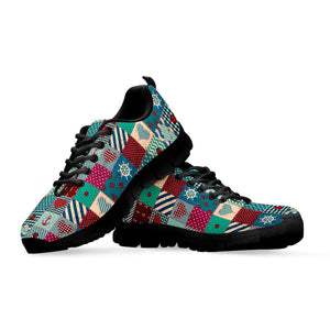 Retro Nautical Patchwork Pattern Print Black Running Shoes