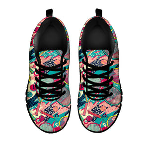 Retro Tennis Pattern Print Black Running Shoes