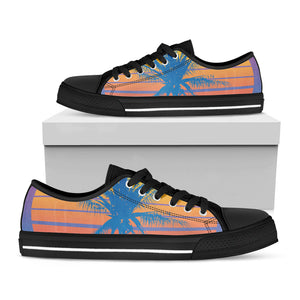 Retrowave Sunset Palm Tree Print Black Low Top Sneakers