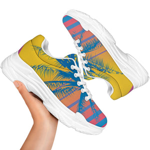 Retrowave Sunset Palm Tree Print White Chunky Shoes