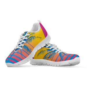 Retrowave Sunset Palm Tree Print White Running Shoes