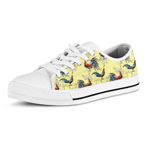 Rooster And Flower Pattern Print White Low Top Sneakers