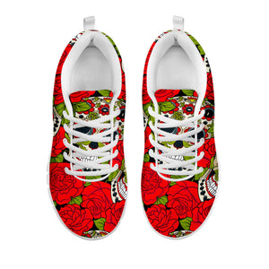 Rose Floral Sugar Skull Pattern Print White Running Shoes