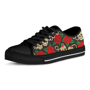 Rose Flower Sugar Skull Pattern Print Black Low Top Sneakers