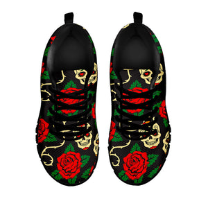 Rose Flower Sugar Skull Pattern Print Black Running Shoes