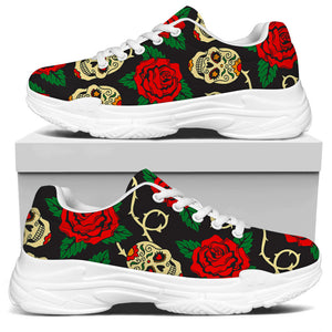 Rose Flower Sugar Skull Pattern Print White Chunky Shoes
