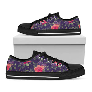 Rose Pansy Floral Flower Pattern Print Black Low Top Sneakers