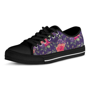 Rose Pansy Floral Flower Pattern Print Black Low Top Sneakers
