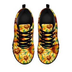 Sage Watercolor Sunflower Pattern Print Black Running Shoes