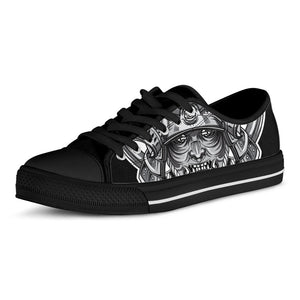 Silver Samurai Mask Print Black Low Top Sneakers