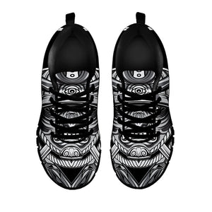 Silver Samurai Mask Print Black Running Shoes