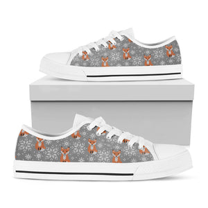 Snowy Fox Knitted Pattern Print White Low Top Sneakers