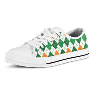 St Patrick's Day Argyle Pattern Print White Low Top Sneakers