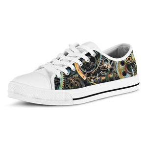 Steampunk Cogs And Gears Print White Low Top Sneakers