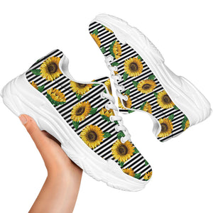 Stripe Sunflower Pattern Print White Chunky Shoes