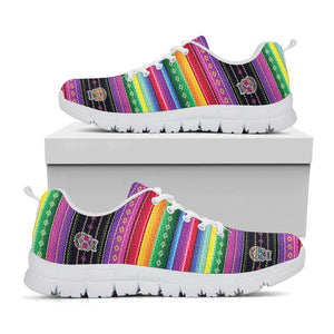 Sugar Skull Mexican Serape Pattern Print White Running Shoes