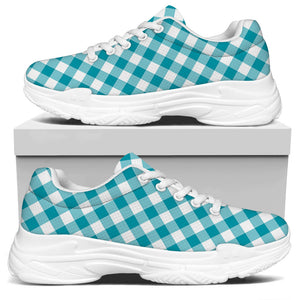Teal And White Gingham Pattern Print White Chunky Shoes