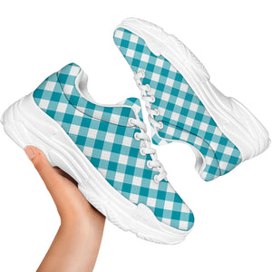 Teal And White Gingham Pattern Print White Chunky Shoes