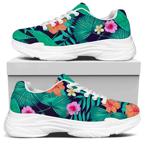 Teal Hawaiian Leaf Flower Pattern Print White Chunky Shoes