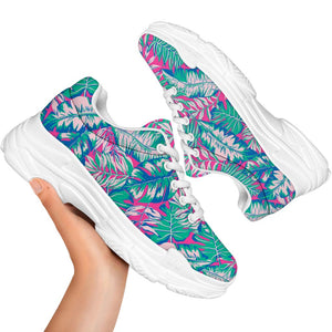Teal Pink Blossom Tropical Pattern Print White Chunky Shoes