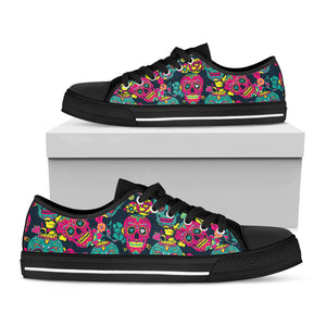 Teal Pink Sugar Skull Pattern Print Black Low Top Sneakers