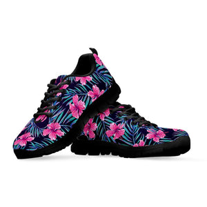 Teal Tropical Hibiscus Pattern Print Black Running Shoes