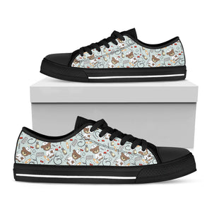Teddy Bear Doctor Pattern Print Black Low Top Sneakers