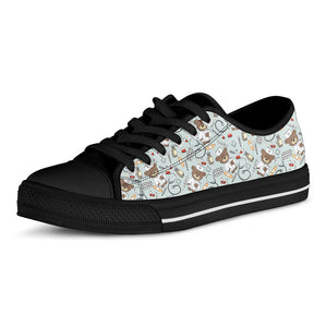 Teddy Bear Doctor Pattern Print Black Low Top Sneakers