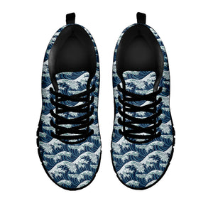 The Great Kanagawa Wave Pattern Print Black Running Shoes
