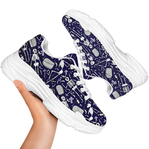 Tomb And Skeleton Pattern Print White Chunky Shoes