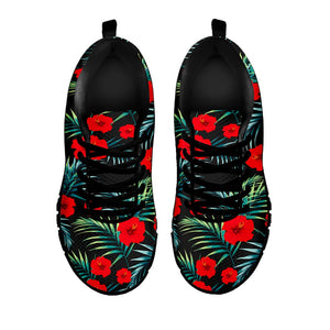 Tropical Hibiscus Leaves Pattern Print Black Running Shoes