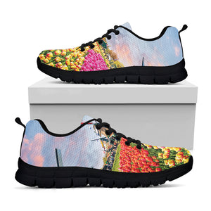 Tulip Field Print Black Running Shoes